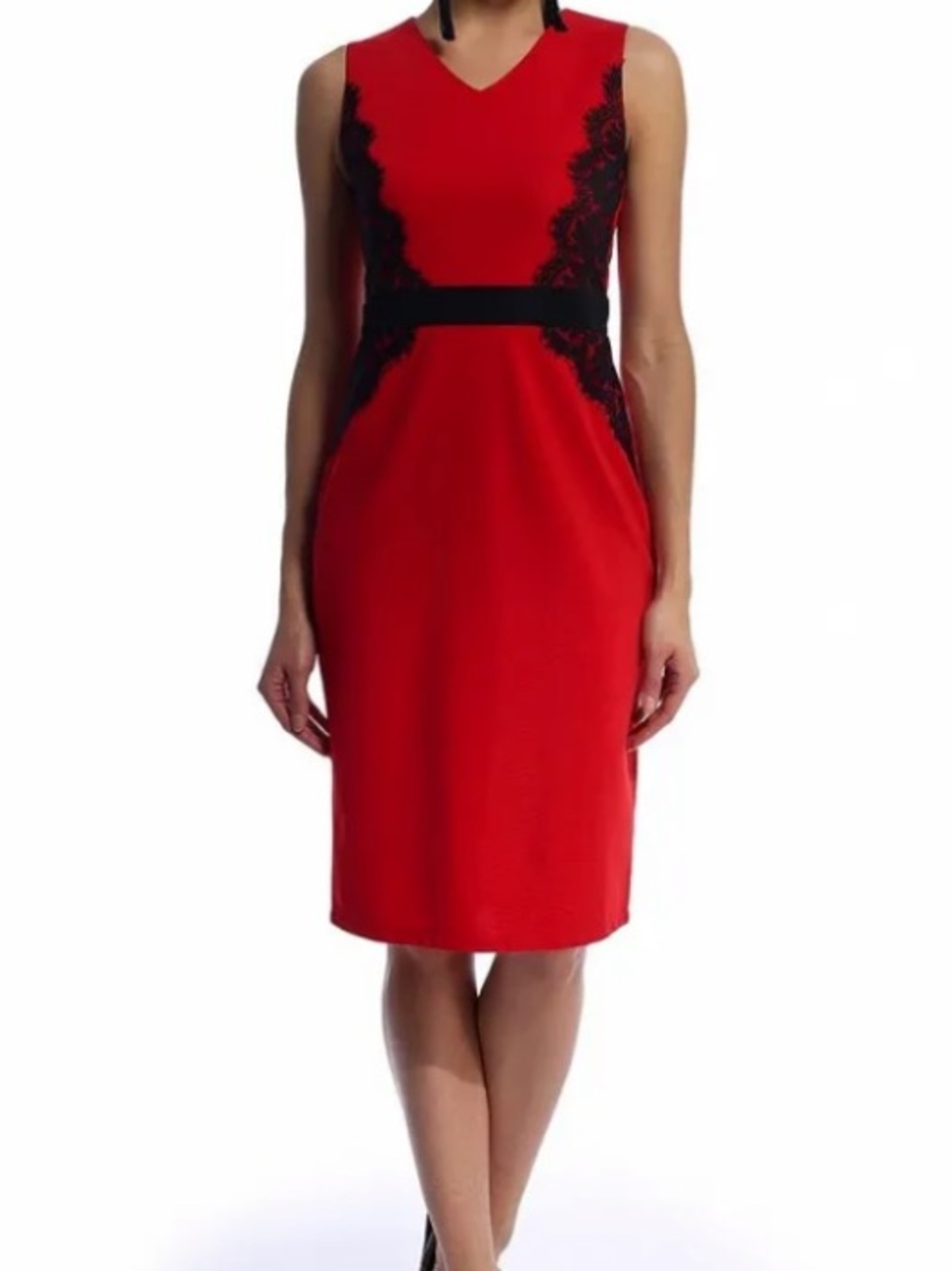 Tahari Red Sheath Dress with Black Lace Trim